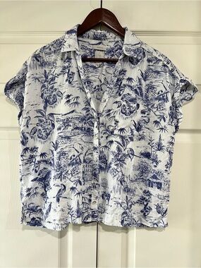 Joie White and Navy Blue Tropical Print Short Sleeve Button Front Top